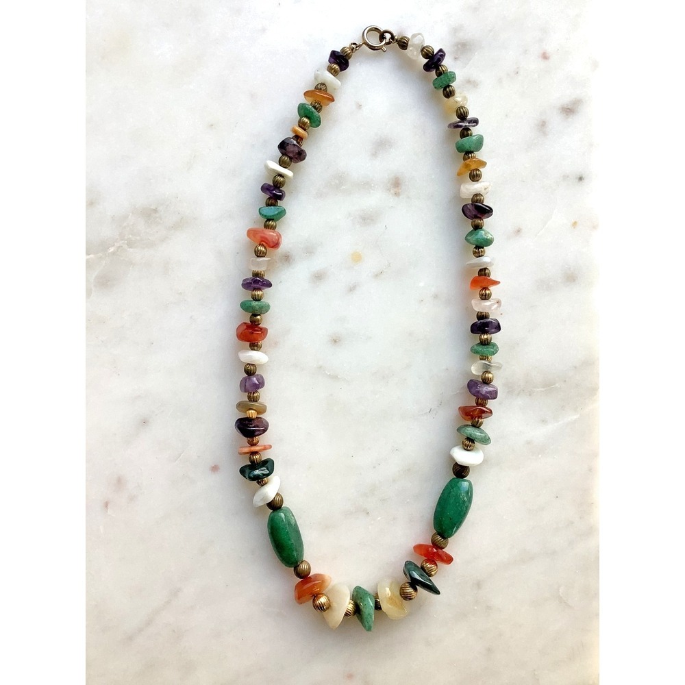 Vintage Beggars Bead Necklace Polished Multicolor Natural Stones  - 18 Inch - Picture 3 of 8